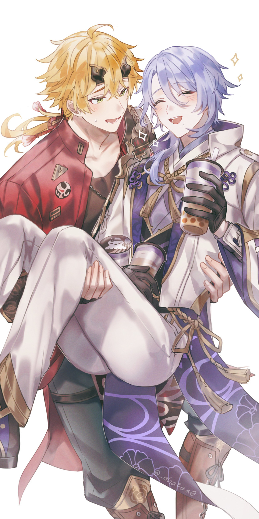 2boys, ^_^, absurdres, ahoge, armor, artist_name, black_gloves, black_shirt