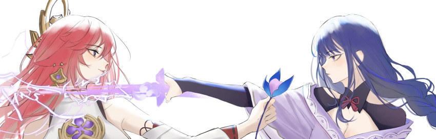 2girls, animal_ears, earrings, electricity, flower, from_side, genshin_impact, glowing