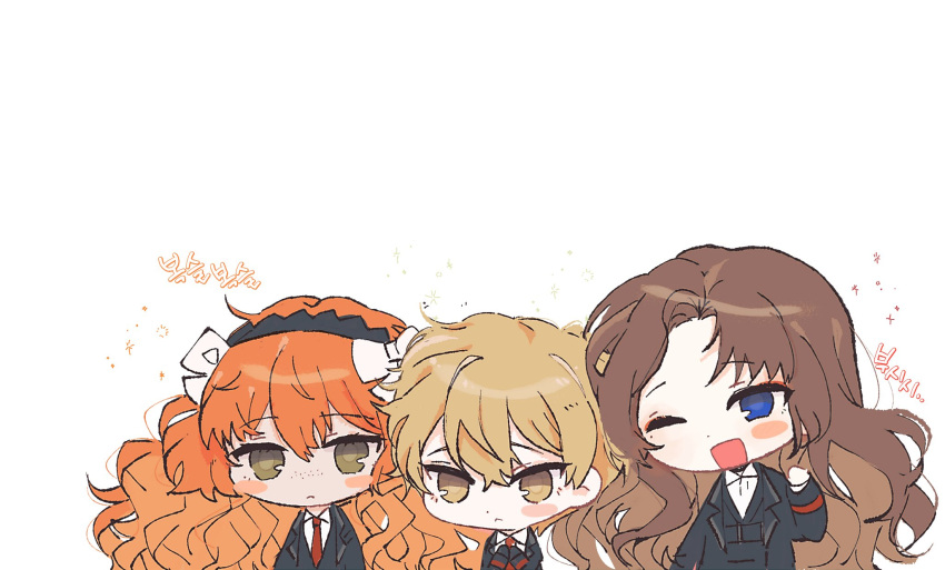 1boy, 2girls, :d, black_coat, black_hairband, black_vest, blonde_hair, blue_eyes