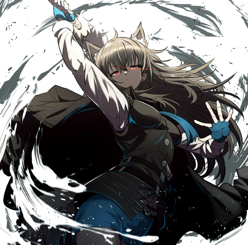 1girl, animal_ear_fluff, animal_ears, arknights, aura, black_coat, black_hair, black_pantyhose