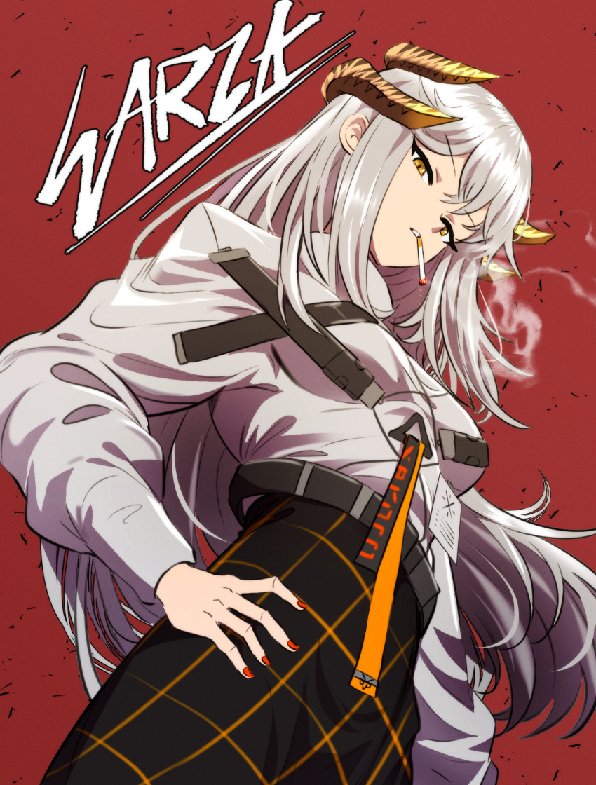 1girl, arknights, black_skirt, breasts, character_name, cigarette, commentary, cowboy_shot