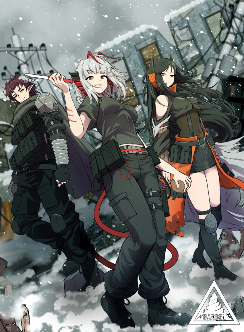1boy, 2girls, ammunition, ammunition_belt, antenna_hair, arknights, armor, black_cloak