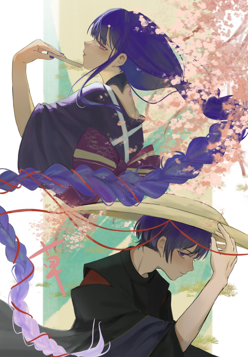 1boy, 1girl, blunt_bangs, braid, cherry_blossoms, from_side, genshin_impact, hand_fan