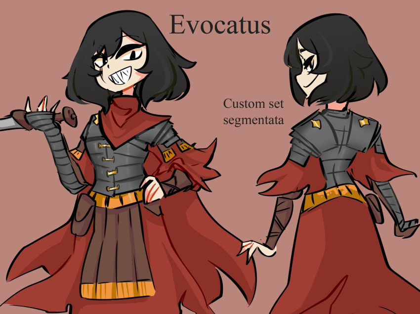 1girl, black_eyes, black_hair, cape, centurii-chan_(artist), dagger, english_commentary, english_text, evocatus_(centurii-chan), from_behind, highres, knife, legionnaire, original, roman_armor, sharp_teeth, short_hair, simple_background, smile, solo, tagme, teeth, weapon