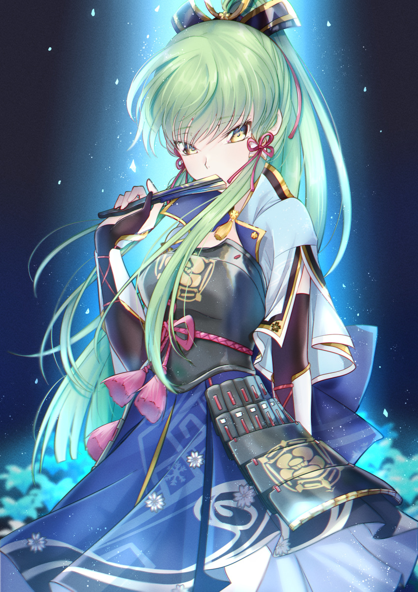 1girl, absurdres, arm_at_side, armor, black_gloves, blue_background, blue_flower, blue_skirt