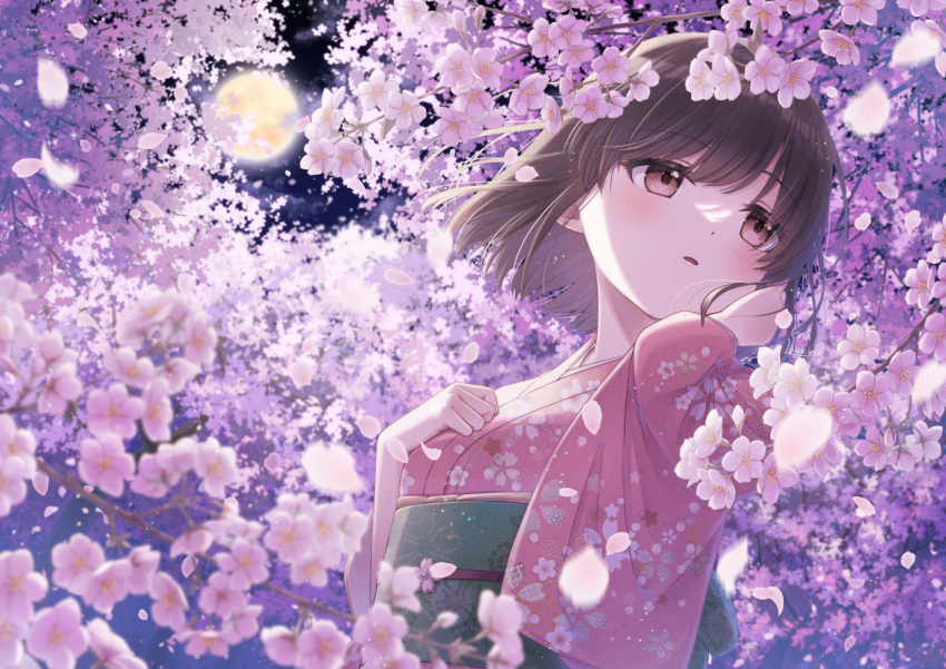 1girl, brown_hair, cherry_blossoms, flower, full_moon, hand_on_own_cheek, hand_on_own_chest, hand_on_own_face, head_tilt, ibuki_ena, japanese_clothes, kimono, long_sleeves, looking_to_the_side, moon, night, original, outdoors, parted_lips, short_hair, solo, upper_body, wide_sleeves
