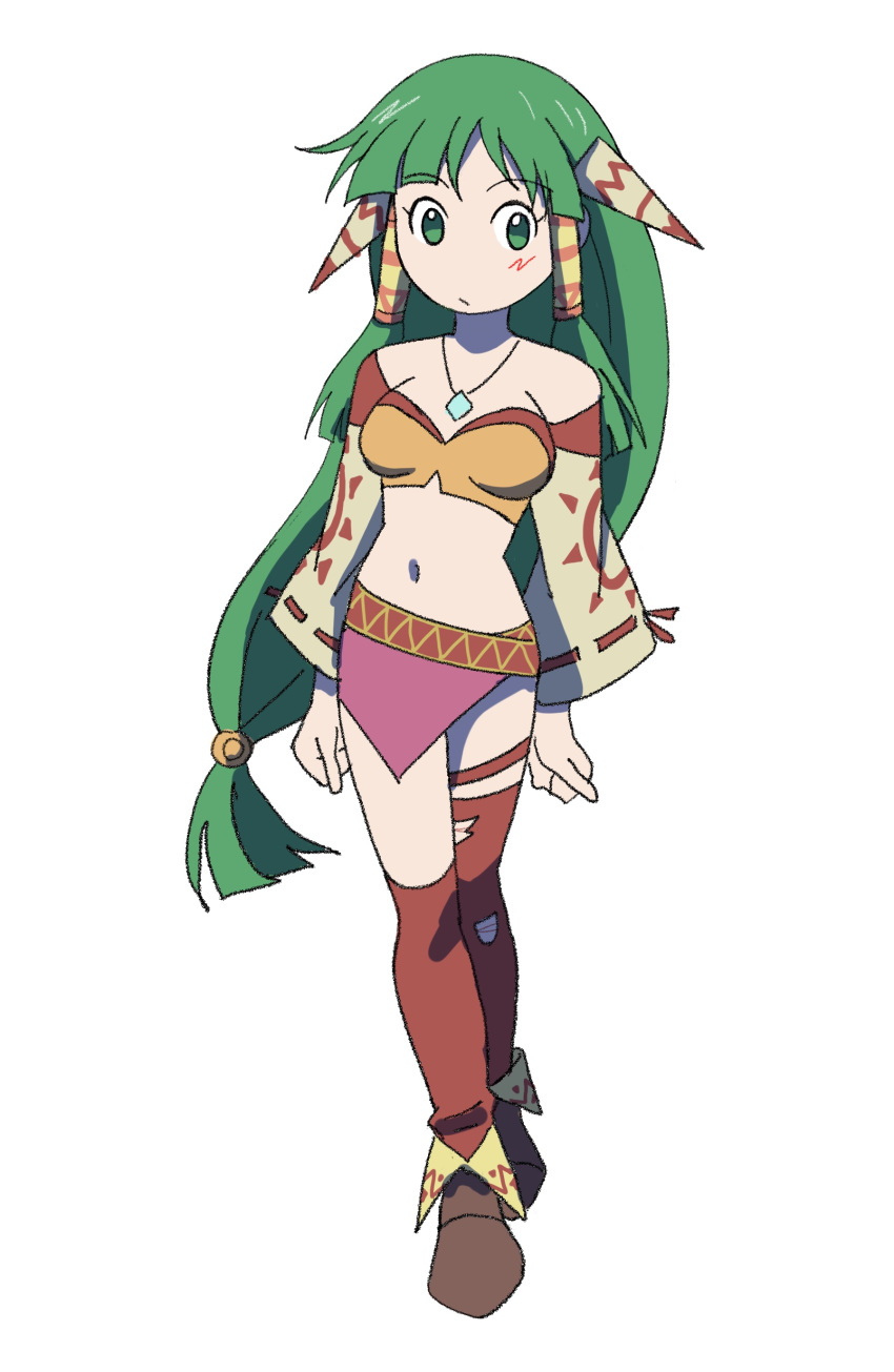 1girl, :/, absurdres, asymmetrical_legwear, bare_shoulders, breasts, brown_footwear, closed_mouth, detached_sleeves, feena_(grandia), full_body, grandia, grandia_i, green_eyes, green_hair, grey_sleeves, hair_tubes, highres, jewelry, long_hair, long_sleeves, low-tied_long_hair, medium_breasts, miniskirt, navel, necklace, no_nose, pink_skirt, powerhamuhamu, red_thighhighs, ribbon-trimmed_sleeves, ribbon_trim, simple_background, skirt, solo, standing, thigh-highs, torn_clothes, torn_thighhighs, uneven_legwear, very_long_hair, white_background, wide_sleeves