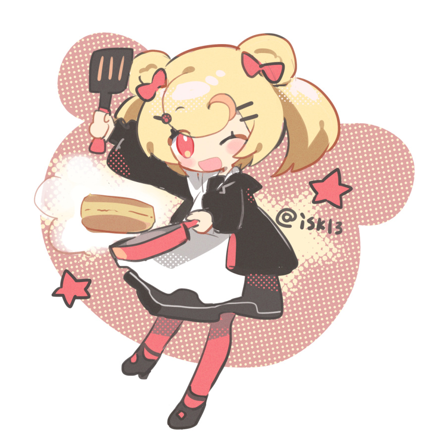1girl, ;d, apron, arknights, bear_head, black_dress, black_footwear, black_jacket, blonde_hair, blush, blush_stickers, bow, chibi, commentary, dress, food, frying_pan, full_body, gummy_(arknights), hair_bow, highres, holding, holding_frying_pan, holding_spatula, jacket, lollipop_hair_ornament, looking_at_viewer, miisuke_(iskl3), one-hour_drawing_challenge, one_eye_closed, open_clothes, open_jacket, open_mouth, pancake, pantyhose, red_bow, red_eyes, red_pantyhose, short_twintails, simple_background, smile, solo, spatula, star_(symbol), twintails, twitter_username, white_apron, white_background