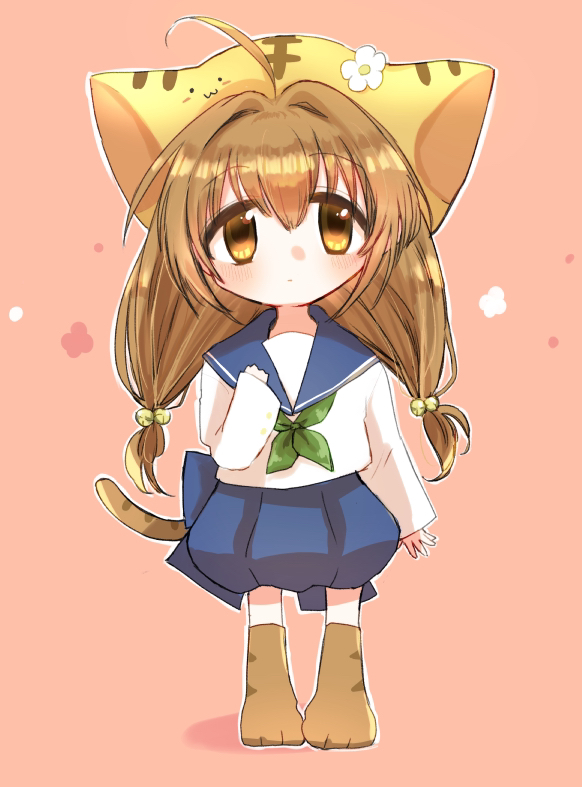 1girl, ahoge, animal_hat, ascot, blue_skirt, brown_eyes, brown_hair, cat_hat, clenched_hand, di_gi_charat, dot_mouth, flower, full_body, green_ascot, hat, hat_flower, long_sleeves, paw_shoes, pink_background, pleated_skirt, puchiko, ryu04869, sailor_collar, shirt, skirt, solo, white_shirt
