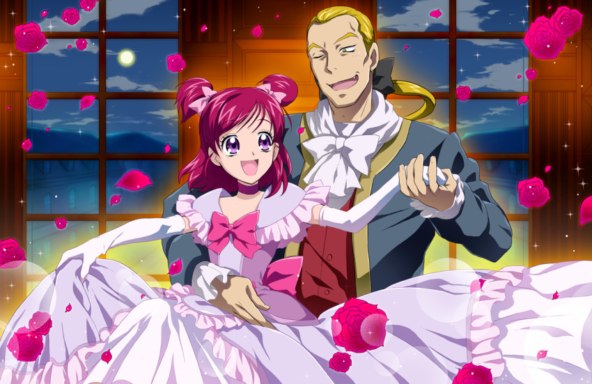 1girl, bow, bunbee, choker, couple, dancing, dress, elbow_gloves