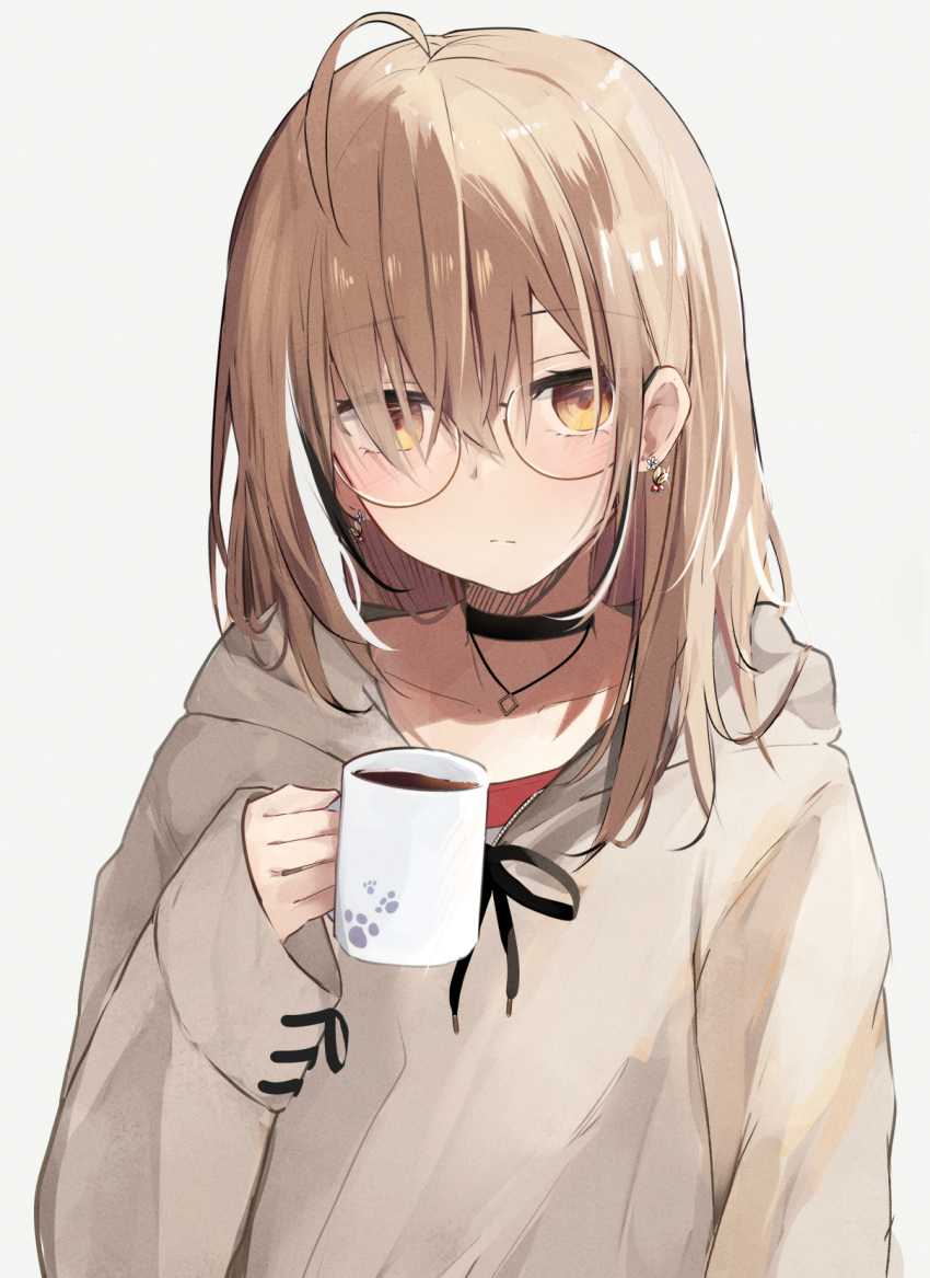 1girl, ahoge, berry, black_choker, brown_eyes, brown_hair, brown_hoodie, choker