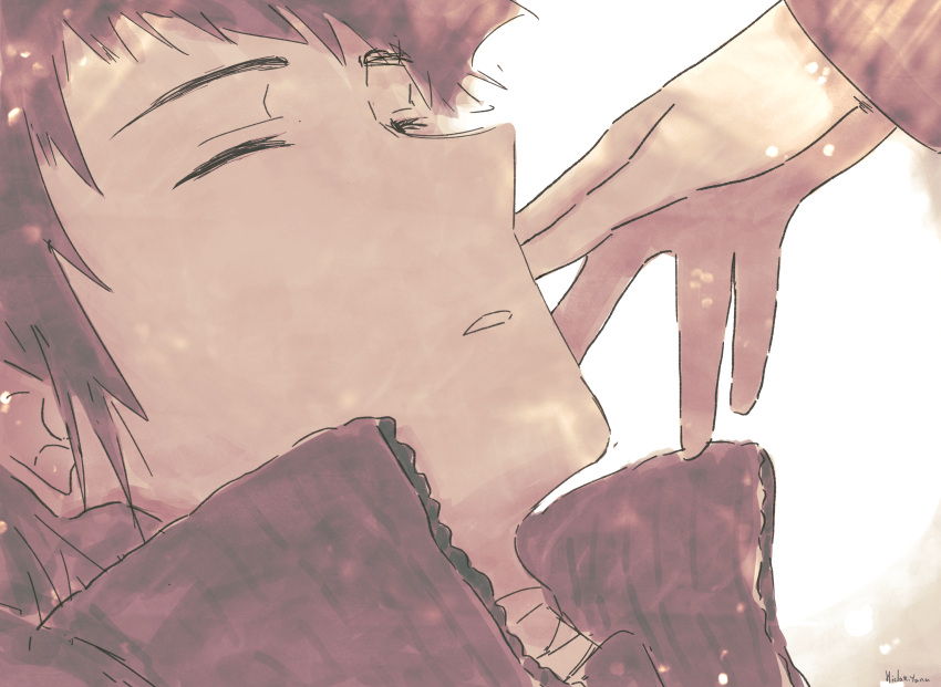 1boy, 1girl, bandaged_neck, bandages, brown_hair, closed_eyes, commentary_request, hidariyana