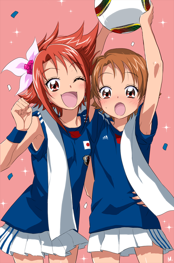 2010_fifa_world_cup, 2girls, :o, arms_up, ball, brown_eyes, brown_hair, cure_rouge, dual_persona, earrings, female, flower, jabulani, japan, japanese_flag, jewelry, maeashi, magical_girl, miniskirt, multiple_girls, natsuki_rin, open_mouth, pink_rose, precure, pretty_cure, red_eyes, red_hair, redhead, rose, short_hair, skirt, smile, soccer, soccer_ball, soccer_uniform, sparkle, spiked_hair, sport, sports_uniform, sportswear, towel, wink, world_cup, wristband, yes!_precure_5