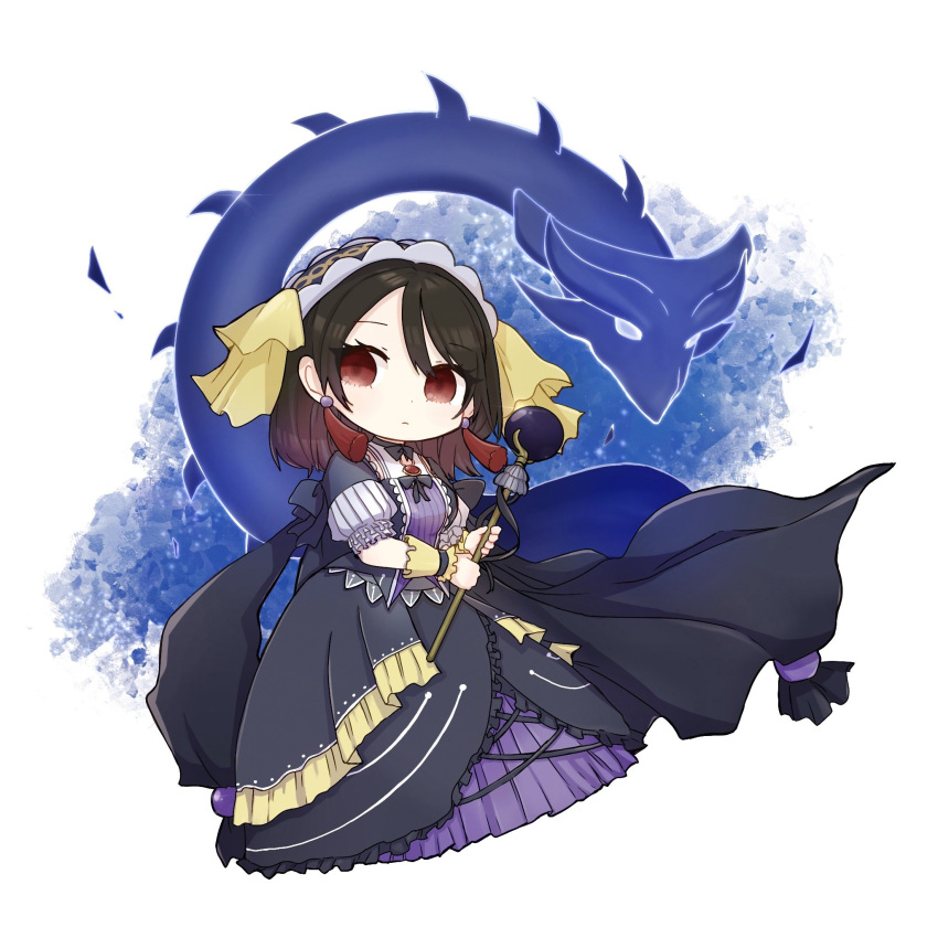 1girl, bonnet, brown_hair, chibi, dragon, dress, duel_monster, ei_(tdnei666)
