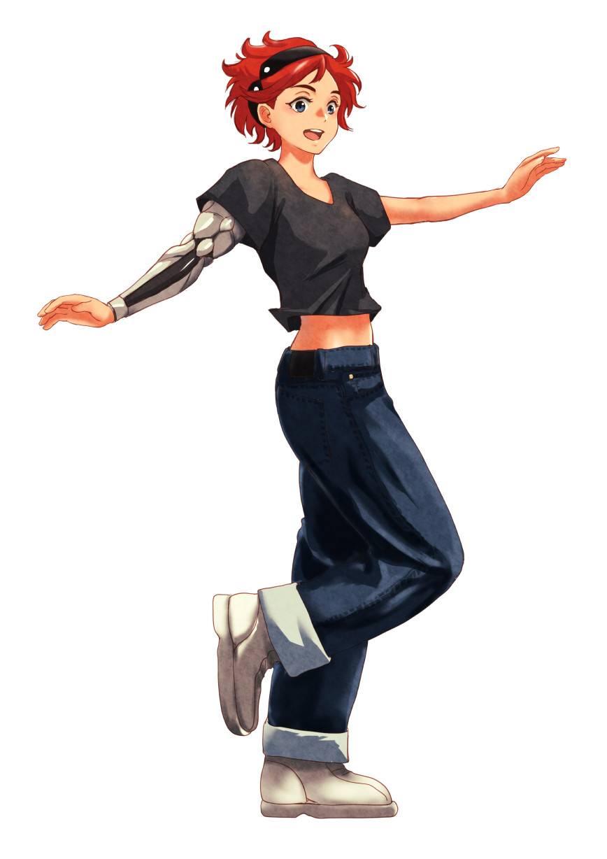 anjinneko57931, arms_up, black_hairband, black_shirt, blue_eyes, denim, elnora_samaya, gundam, gundam_suisei_no_majo, hair_ornament, hairband, highres, jeans, midriff, midriff_peek, open_mouth, pants, prosthesis, prosthetic_arm, redhead, shirt, short_hair, smile, white_footwear