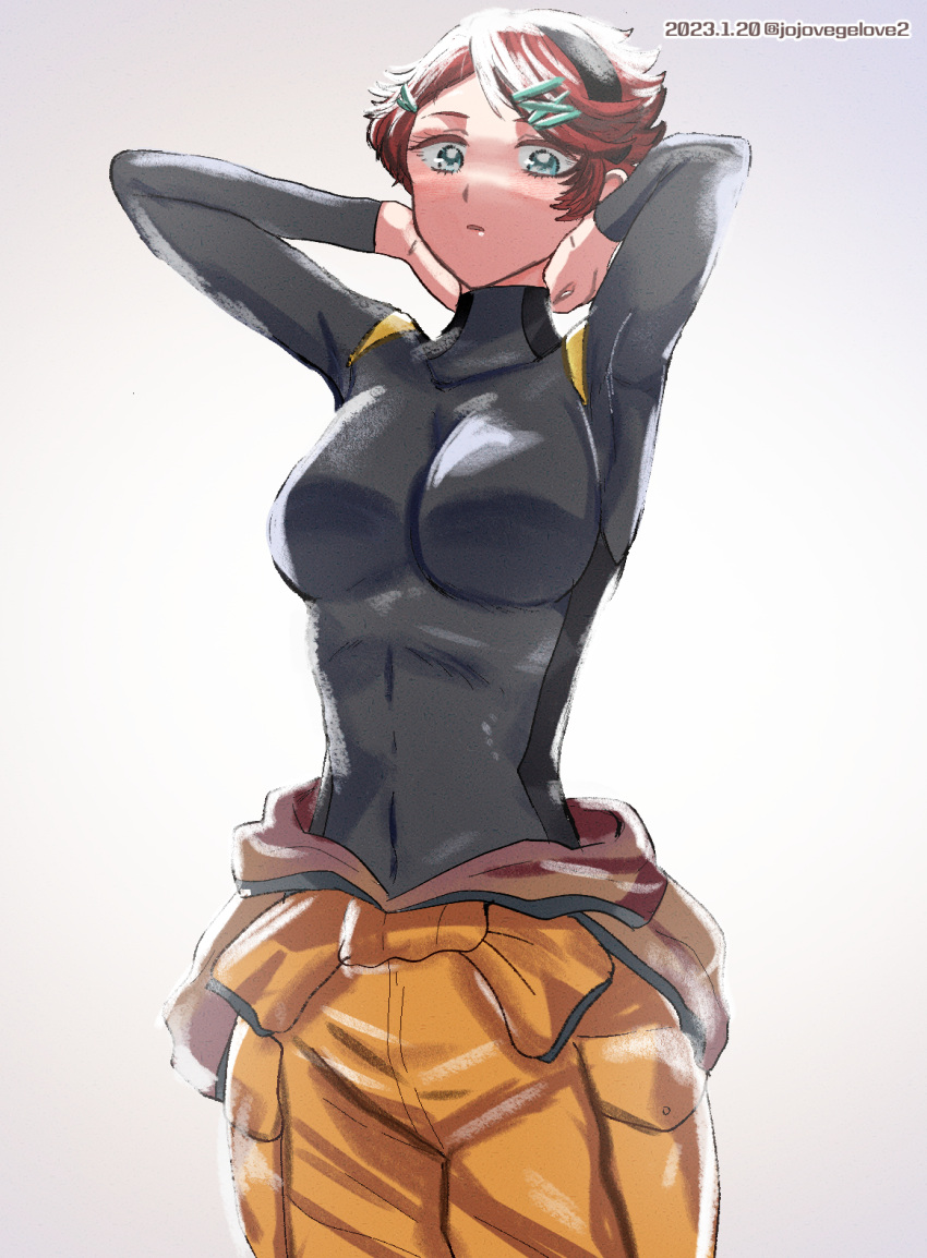 arms_up, black_hairband, blue_eyes, bodysuit, breasts, dated, elnora_samaya, gundam