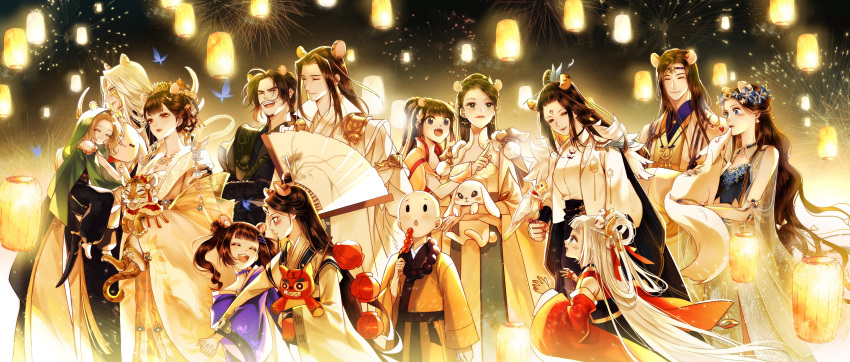 6+boys, 6+girls, absurdres, animal, bald, bird, black_hair, brown_hair