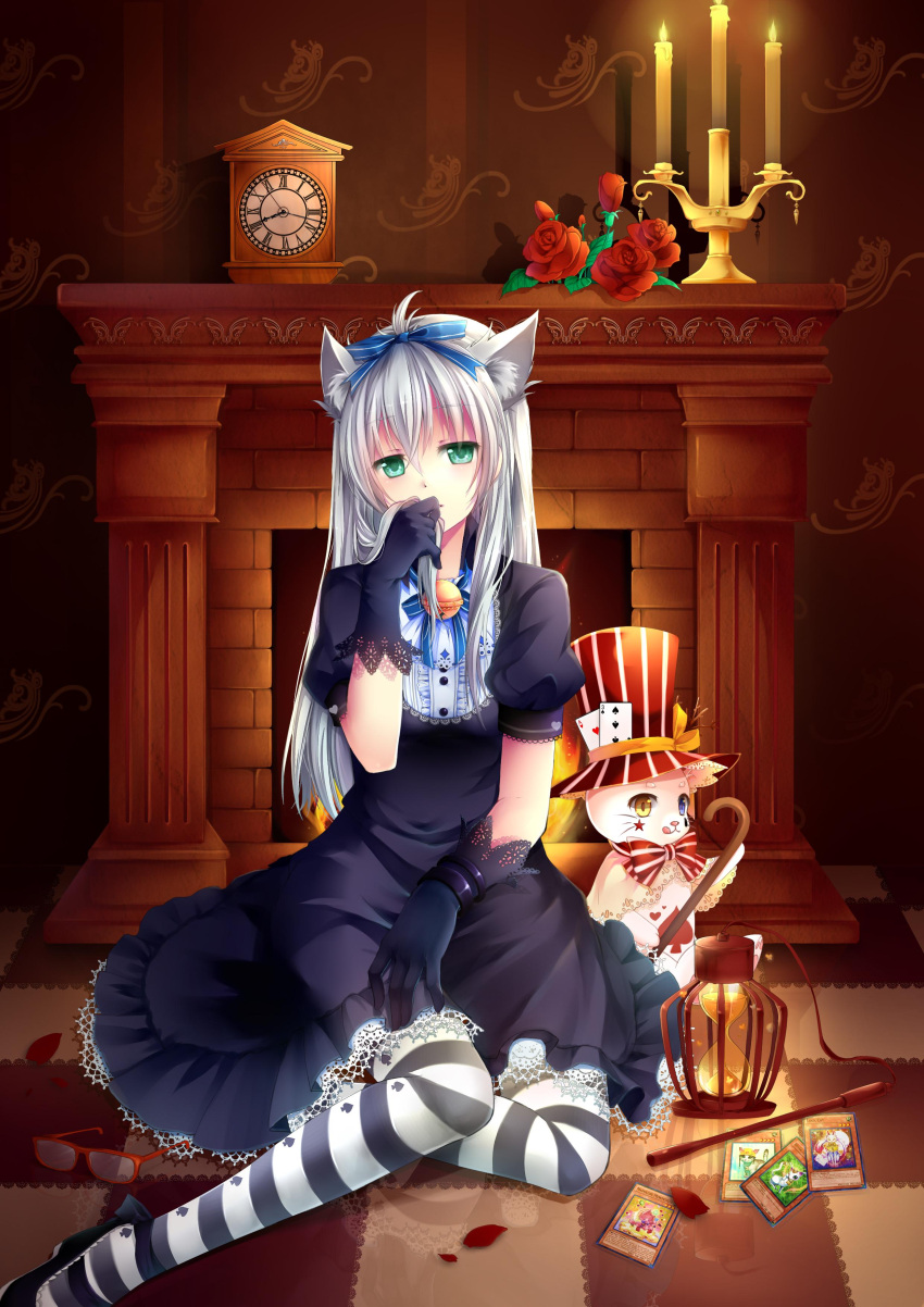 1girl, :q, absurdres, animal_ears, ankle_ribbon, bell, black_dress, black_gloves