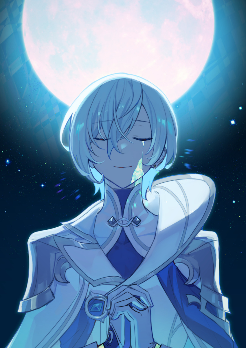 1boy, absurdres, arin_(huarin1216), armor, backlighting, closed_eyes, closed_mouth, commentary