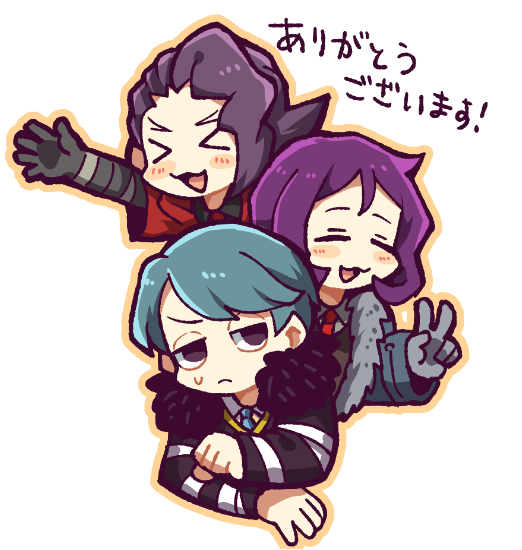 >_<, 3boys, black_eyes, black_jacket, black_shirt, blue_hair, blue_jacket, blue_necktie