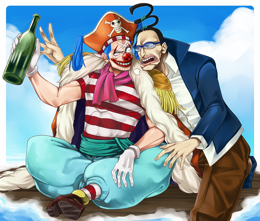 2boys, black_hair, blue_hair, bottle, buggy_the_clown, clown_nose, crossed_legs, epaulettes