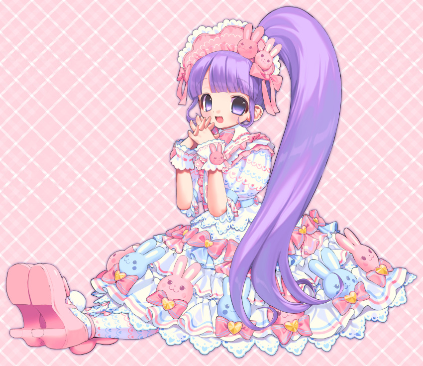 1girl, absurdres, blunt_bangs, blush, bow, bowtie, collared_dress, dress, frilled_dress, frills, full_body, hair_ornament, hairband, highres, lace-trimmed_dress, lace_trim, lolita_fashion, lolita_hairband, long_hair, manaka_non, open_mouth, own_hands_clasped, own_hands_together, pantyhose, parted_bangs, ponytail, pretty_(series), pripara, puffy_short_sleeves, puffy_sleeves, purple_hair, rabbit, rabbit_hair_ornament, shoe_soles, short_sleeves, sitting, smile, solo, sweet_lolita, very_long_hair, violet_eyes, wrist_cuffs, yuiitsu
