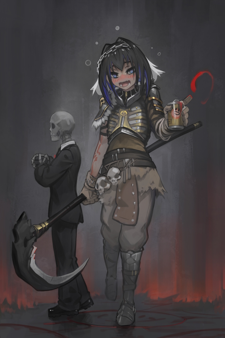 1girl, :p, alcohol, arm_tattoo, armor, armored_boots, asymmetrical_sleeves, beer