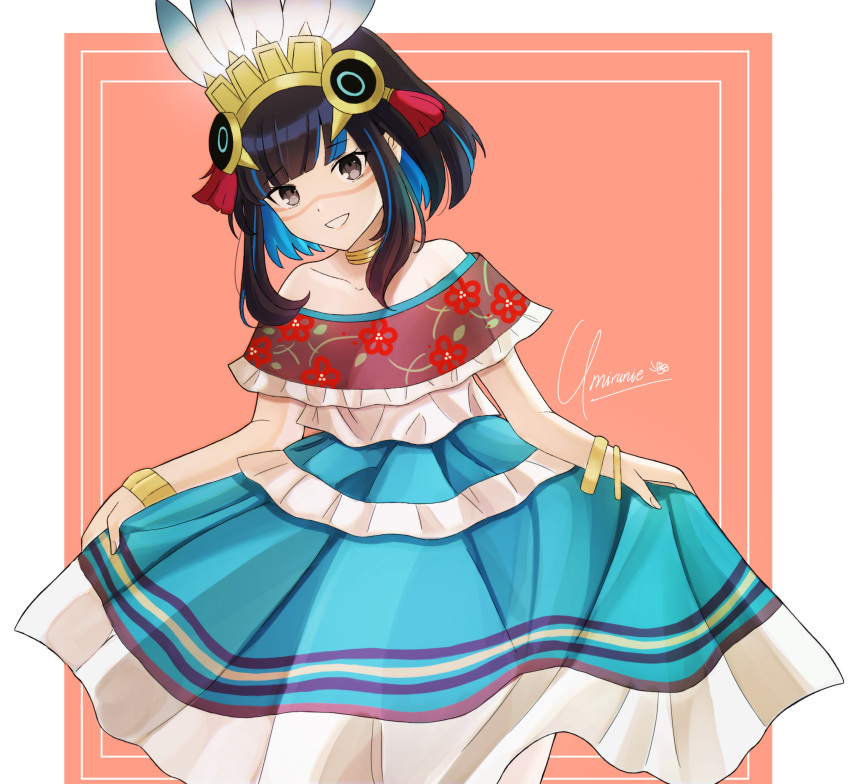 1girl, absurdres, bare_shoulders, black_hair, blue_hair, collarbone, colored_inner_hair, commentary