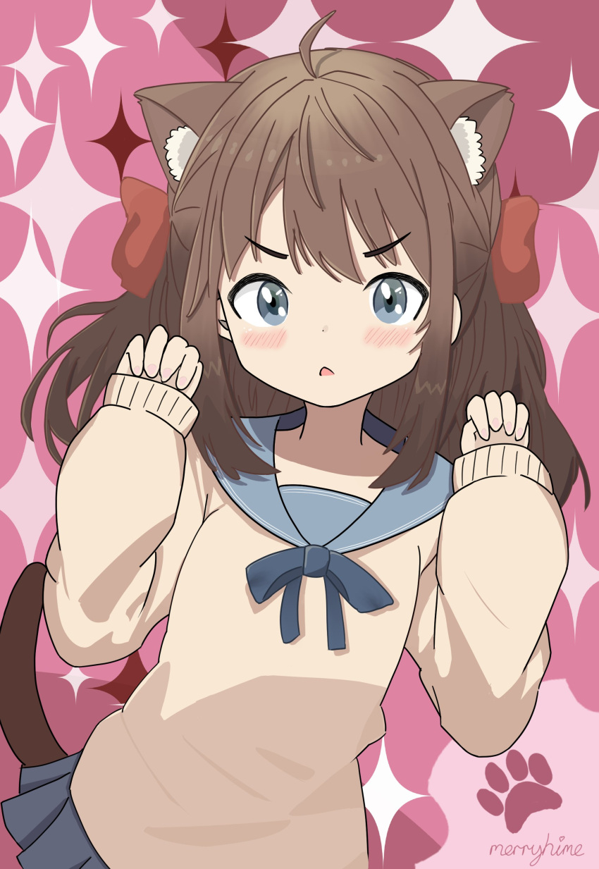 1girl, absurdres, animal_ear_fluff, animal_ears, blue_sailor_collar, blue_skirt, blush, brown_hair