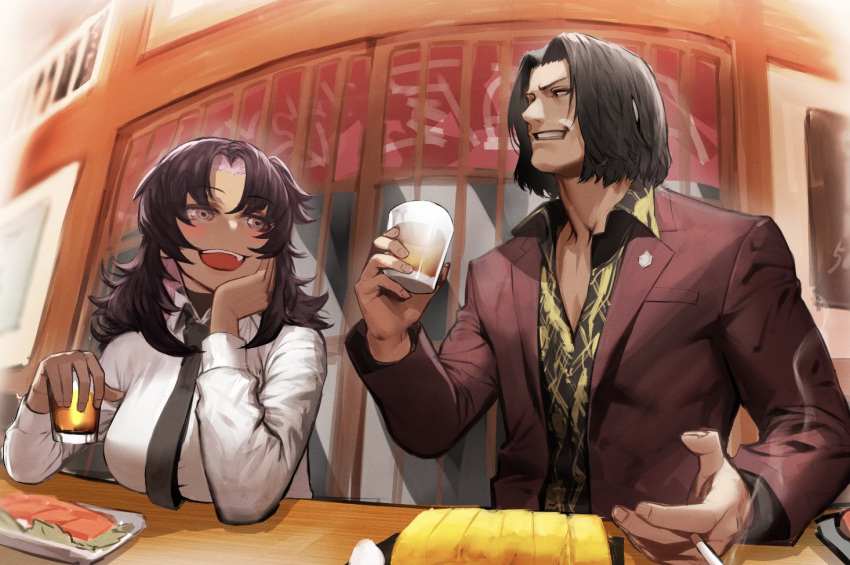 1boy, 1girl, alcohol, beer, black_hair, black_necktie, bon_(vtuber), collared_shirt, food, indie_virtual_youtuber, indoors, jacket, kasei_yukimitsu, long_hair, long_sleeves, necktie, nishikiyama_akira, open_mouth, parted_bangs, parted_hair, parted_lips, print_shirt, red_jacket, ryuu_ga_gotoku_(series), ryuu_ga_gotoku_0, second-party_source, shadow, shirt, short_hair, sitting, smile, white_shirt