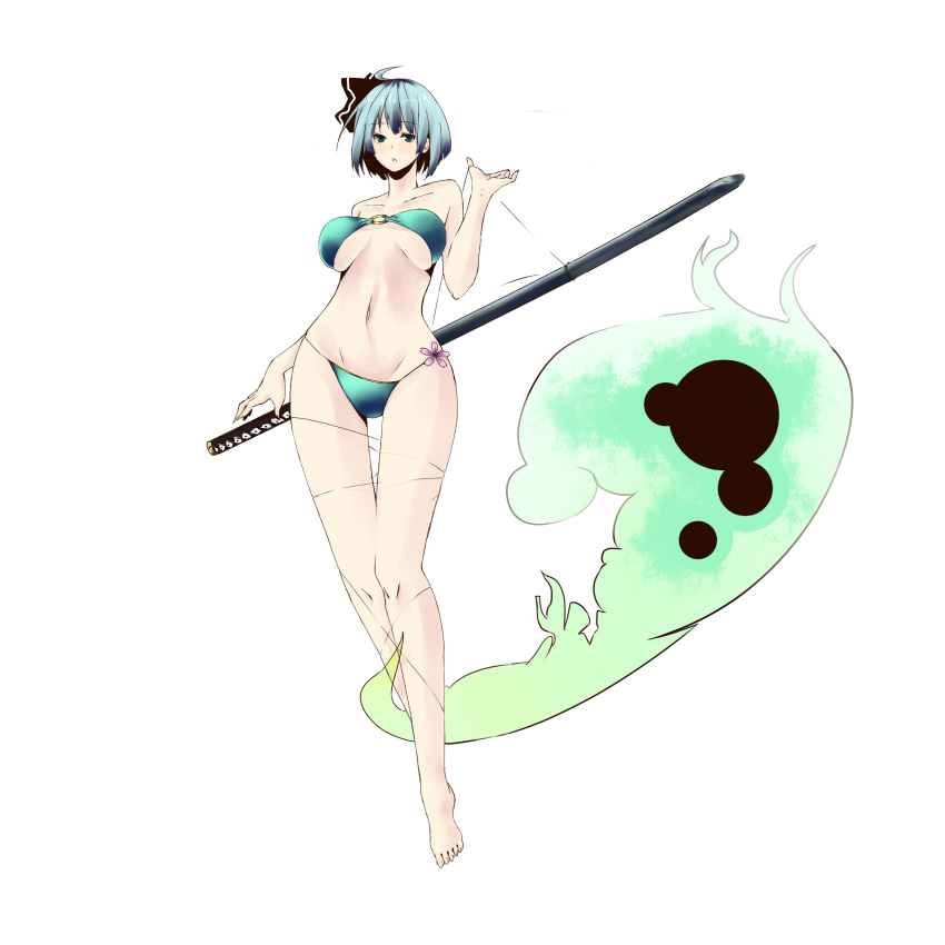 bad_anatomy, bad_perspective, barefoot, bikini, breasts, curvy, flower, from_below