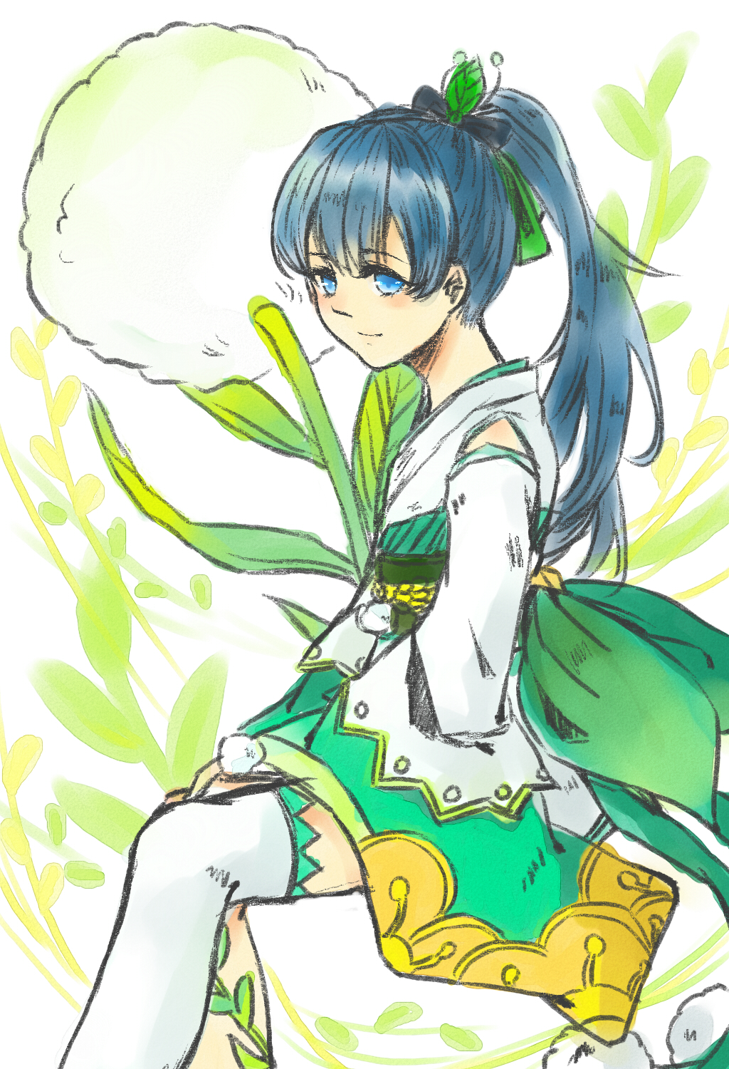 1girl, asymmetrical_legwear, blue_eyes, blue_hair, blush, closed_mouth, dandelion, detached_sleeves