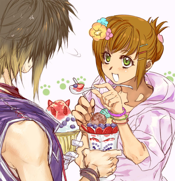 1boy, 1girl, albel_nox, blonde_hair, brown_hair, flower, food, green_eyes