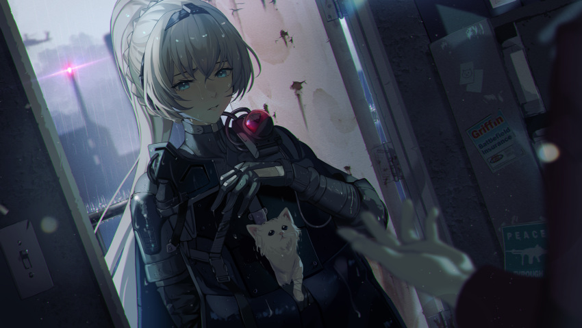 1girl, an-94_(girls'_frontline), an-94_(mod3)_(girls'_frontline), aqua_hair, blue_eyes, cat, girls_frontline, hairband, high_ponytail, highres, long_hair, niac, rain, tactical_clothes, upper_body