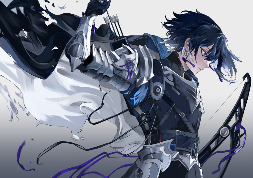 1boy, :|, arm_armor, armor, arrow_(projectile), black_cape, black_gloves, black_hair, bow_(weapon), breastplate, cape, closed_mouth, cowboy_shot, drawing_arrow, earrings, floating_cape, from_side, gloves, grey_background, hair_between_eyes, highres, holding, holding_bow_(weapon), holding_weapon, jewelry, kushiro_kuki, looking_ahead, male_focus, original, pauldrons, quiver, rerebrace, serious, short_hair, shoulder_armor, sidelocks, simple_background, solo, tassel, tassel_earrings, violet_eyes, weapon