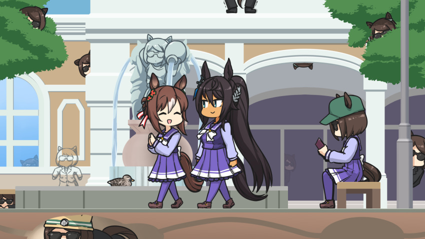 6+girls, :>, ^_^, animal_ears, aqua_eyes, baseball_cap, bird, black_hair