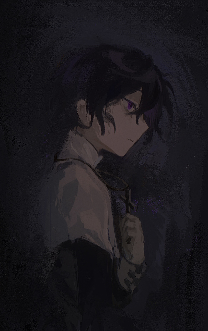 1boy, black_hair, black_shirt, capelet, closed_mouth, cross, cross_necklace, cursenday's_dark_carnival