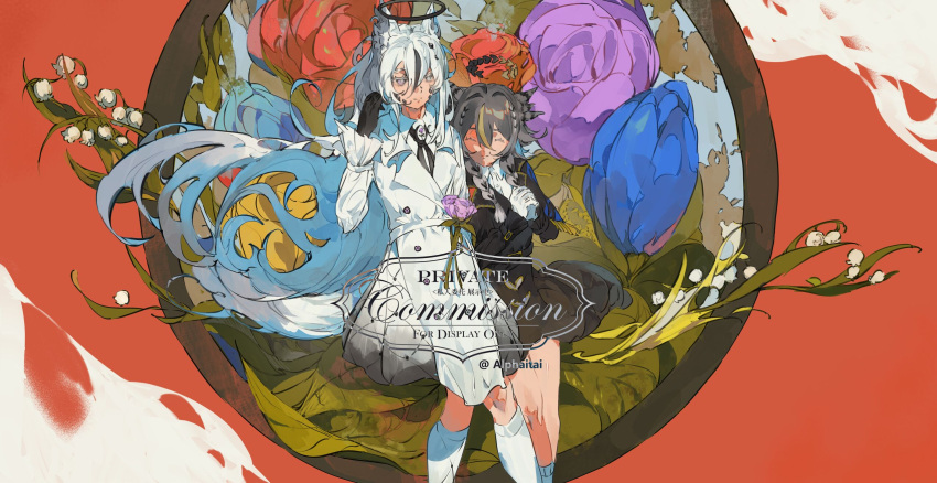 2girls, animal_ears, black_gloves, black_hair, black_halo, black_necktie, black_skirt, blue_tulip