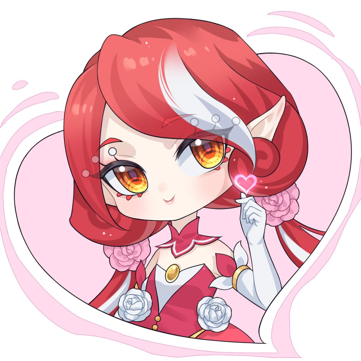 1girl, camellia, chibi, detached_collar, dress, elbow_gloves, finger_heart, flower