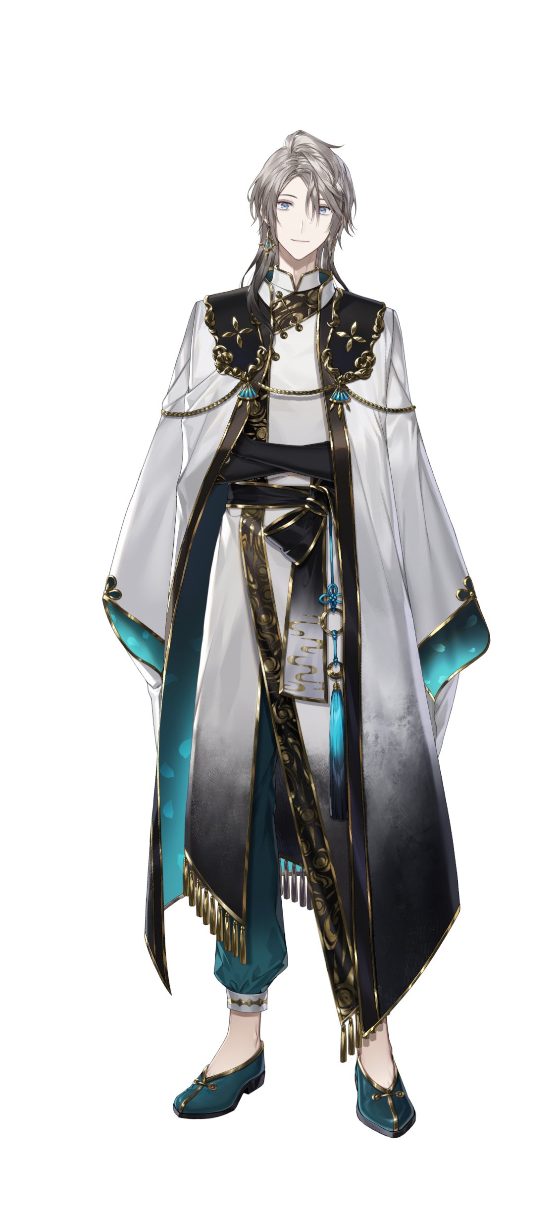 1boy, absurdres, airm, black_gloves, black_sash, blue_eyes, blue_footwear, chinese_clothes