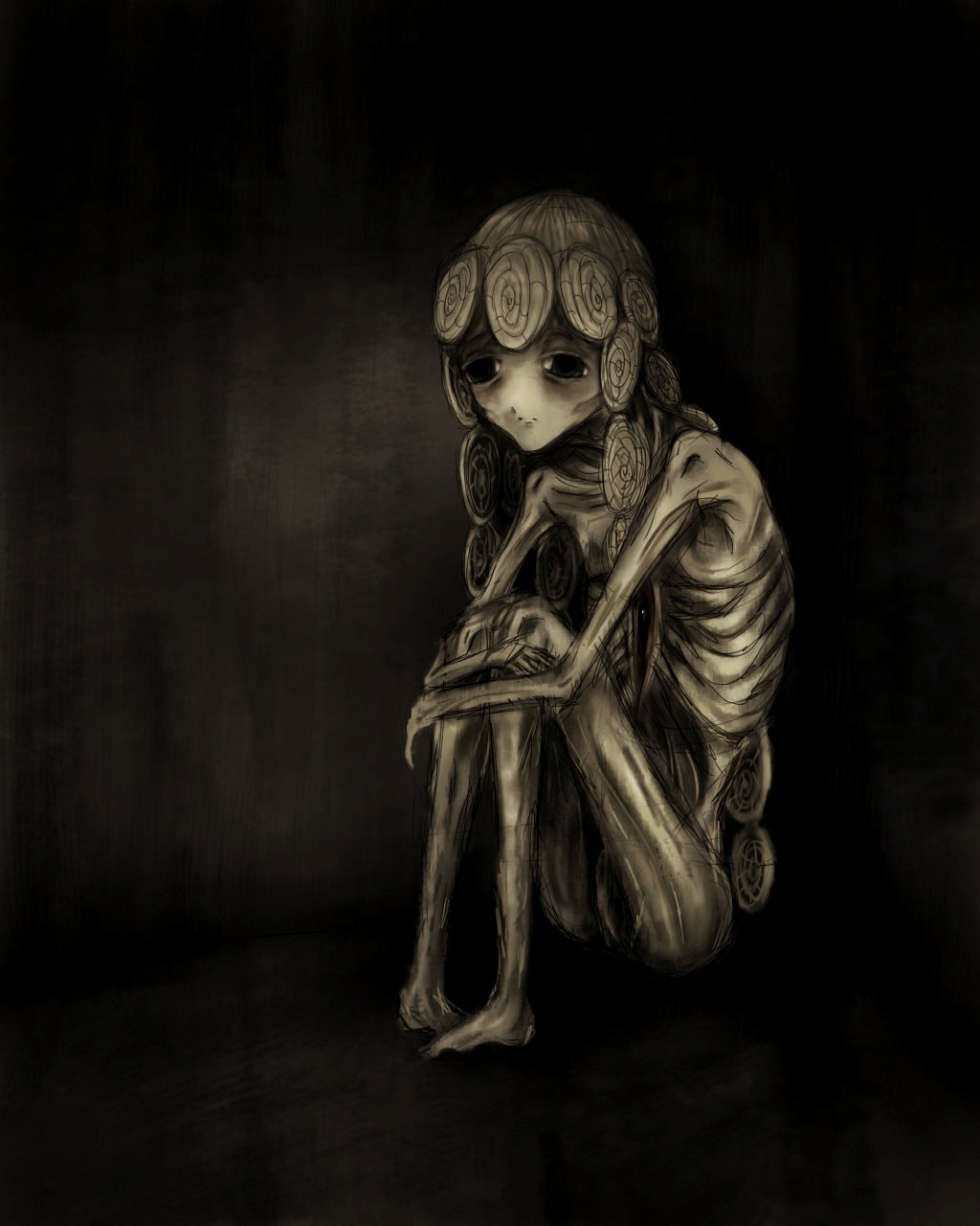 alien, art, bad_source, body_horror, digital, full_body, highres, kiko1302, official_art, sad, seashell, shell