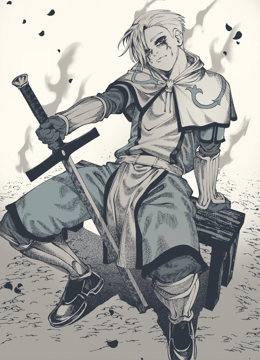 1boy, absurdres, asymmetrical_bangs, belt, bench, blood, blood_from_eyes, boots