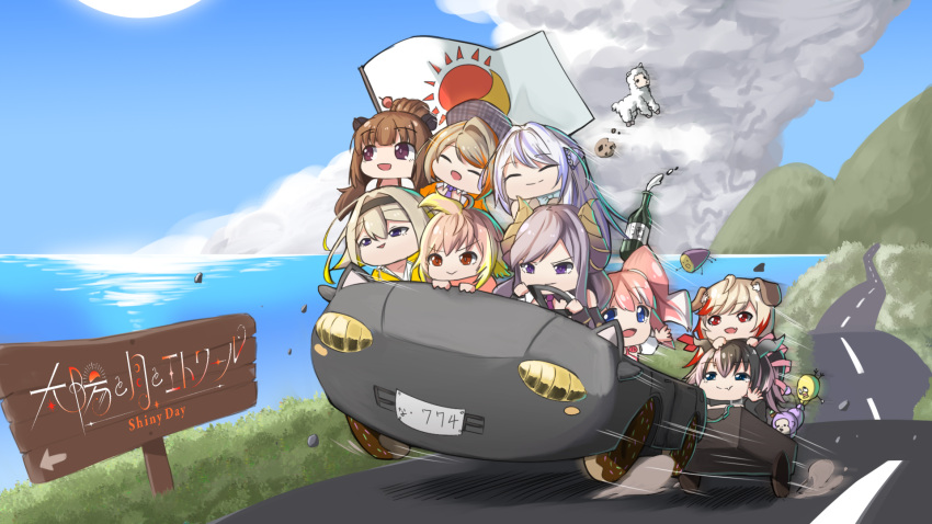 6+girls, :>, animal_ear_fluff, animal_ears, black_hair, black_hairband, blonde_hair, blue_eyes