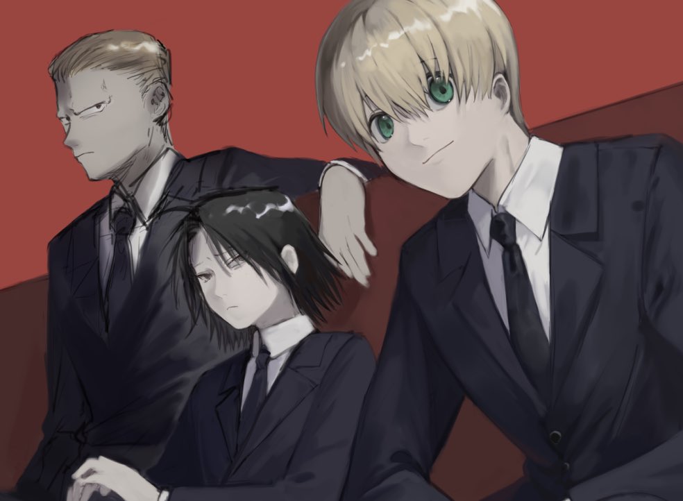 3boys, arm_rest, black_eyes, black_hair, black_necktie, black_suit, blonde_hair, couch, feitan_portor, formal, green_eyes, hunter_x_hunter, long_sleeves, looking_at_viewer, male_focus, multiple_boys, necktie, no_eyebrows, oleander6f, on_couch, phinks_magcub, shalnark, shirt, short_hair, sitting, smile, suit, upper_body, white_shirt