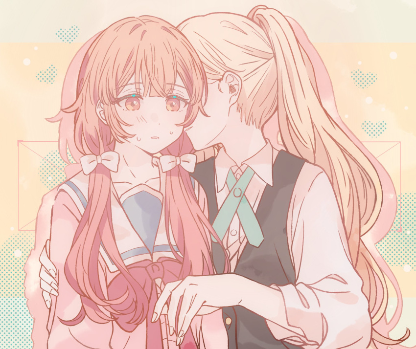 2girls, black_vest, blonde_hair, blunt_bangs, blush, bow, bowtie, collarbone