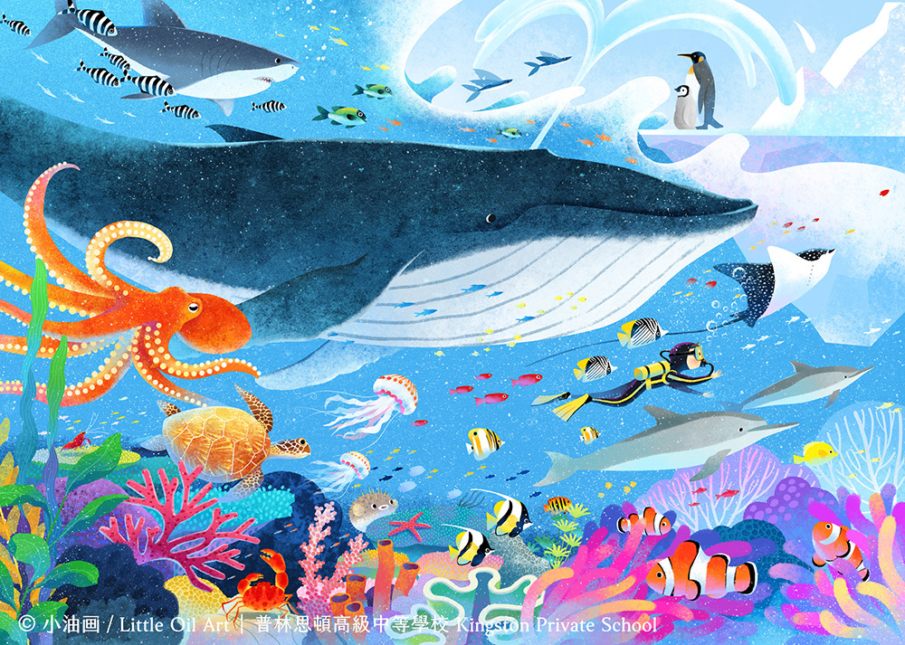1boy, animal_focus, artist_name, bird, chinese_text, clownfish, coral, coral_reef