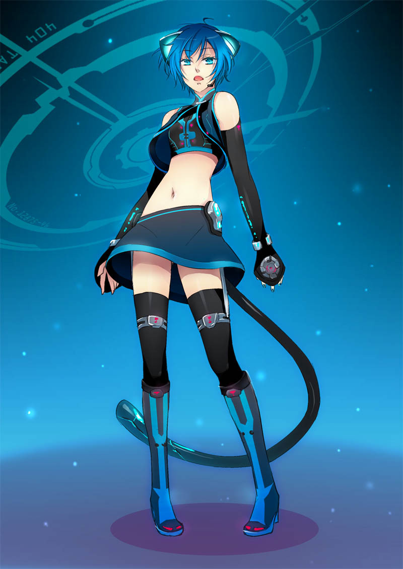 1girl, animal_ears, bad_id, blue_eyes, blue_hair, boots, cat_ears, cat_tail