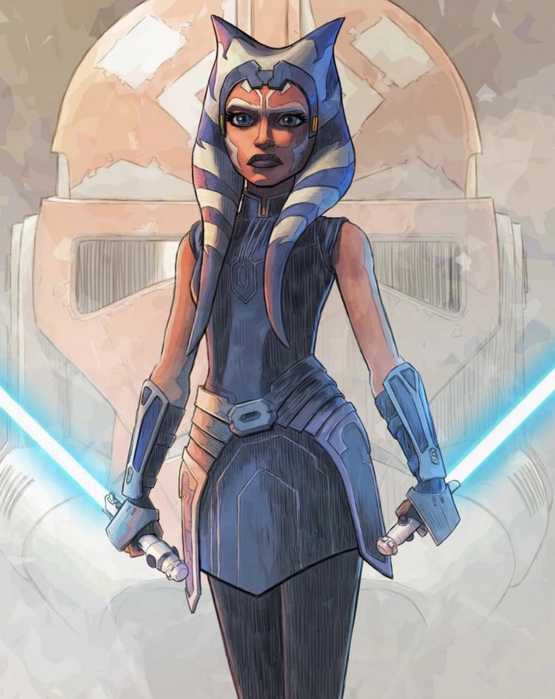 1girl, ahsoka_tano, alien, black_pants, blue_eyes, blue_lightsaber, clone_trooper_helmet, dual_wielding