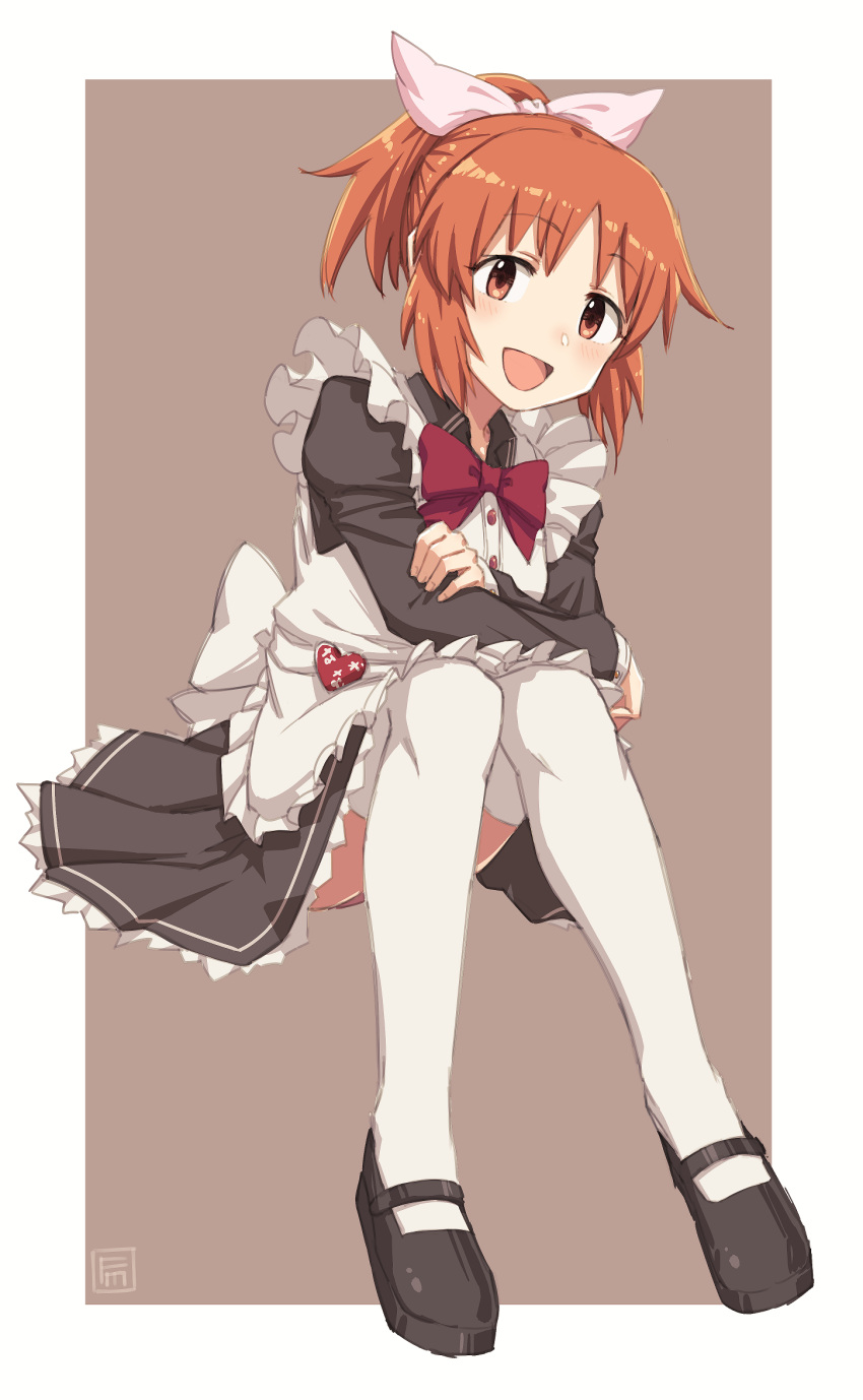 1girl, abe_nana, apron, black_dress, black_footwear, blush, bow, bowtie
