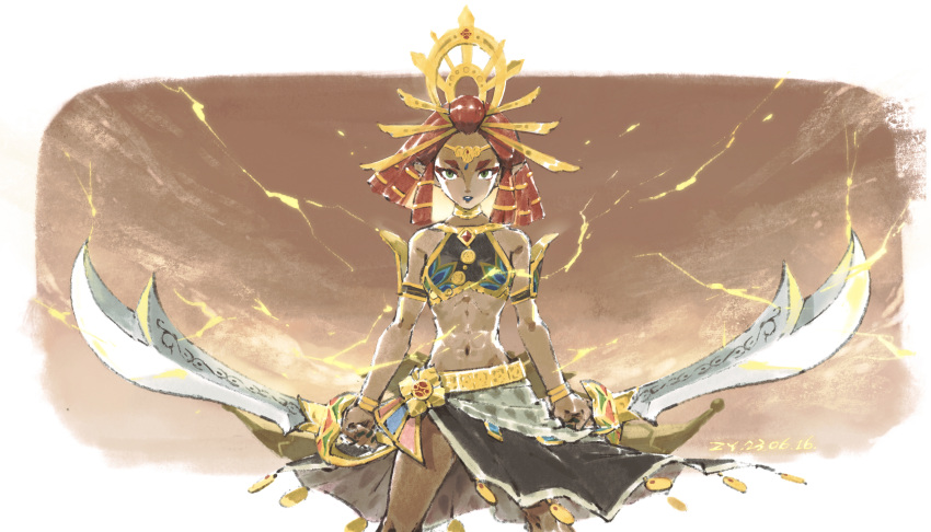 1girl, absurdres, blue_lips, circlet, crop_top, crown, dark-skinned_female, dark_skin